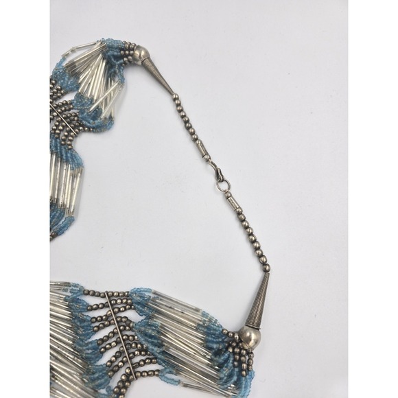 Ethnic Tribal Style Beaded Multistrand Statement Necklace Blue Silver Tone - Picture 7 of 9